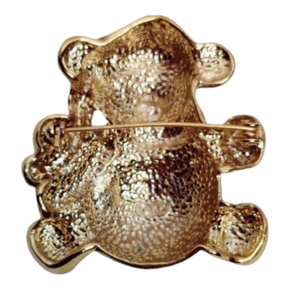 Gold Metal Plated Christmas Teddy Bear Brooch Pin Wearing Santa Hat & Scarf - Picture 2 of 2